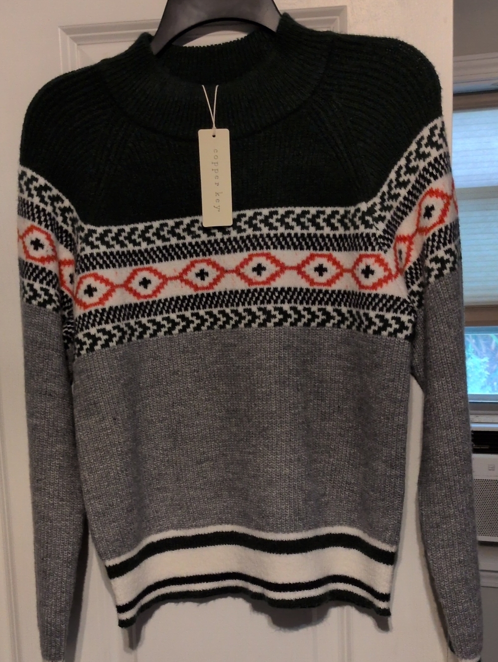 Copper Key Dark Green, Gray & Red Fair Isle Crewneck Sweater